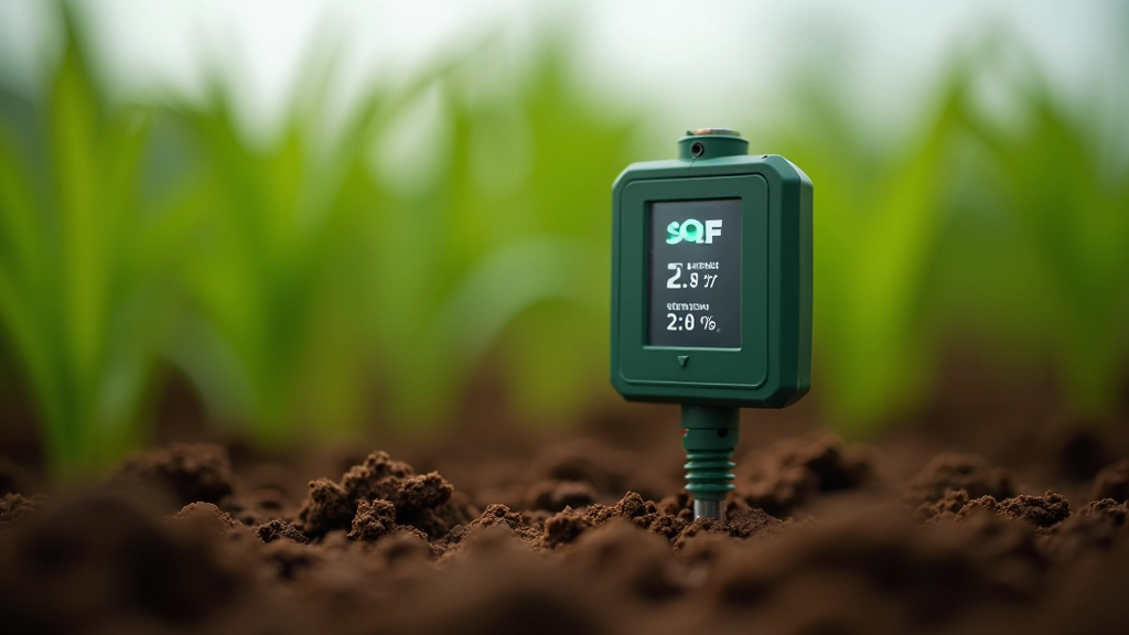 Väike elektronse sensori andmed kuvatakse ekraanil, mille kõrval on muld ja teravilja taimedele